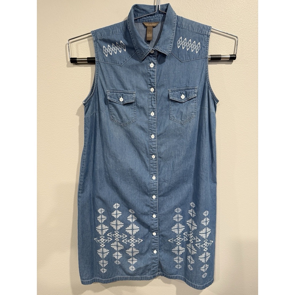 Bit & Bridle Dress Size Large Blue Button Down Pockets Sleeveless Cotton